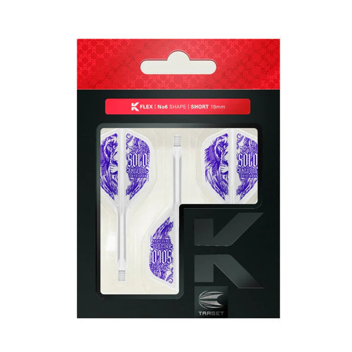 No6 shape K-Flex dart flights and short shafts in clear retail packaging with purple Solo design, ideal for dart setup