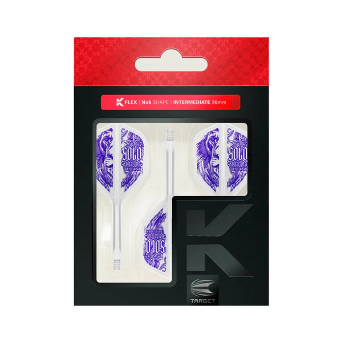 No6 K-Flex dart flights and shafts set in retail packaging, purple Solo design, full product view for darts accessories buyers