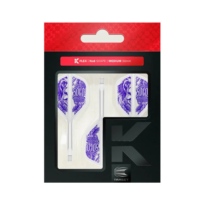 Full retail packaging of K-Flex No6 dart flights and shafts, purple Solo design, clear display for dart accessories buyers