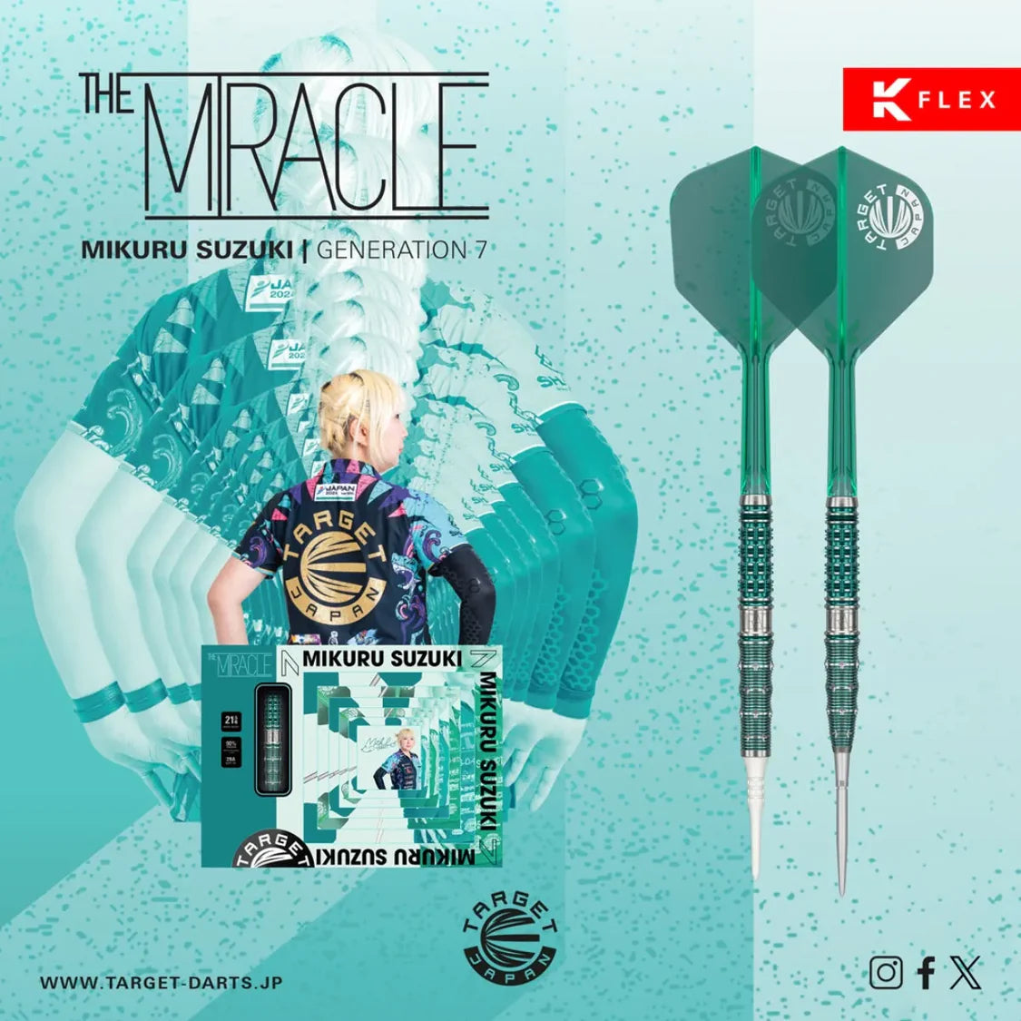 Full view of two assembled Mikuru Suzuki Gen 7 darts with green flights, packaging, and player-themed background.