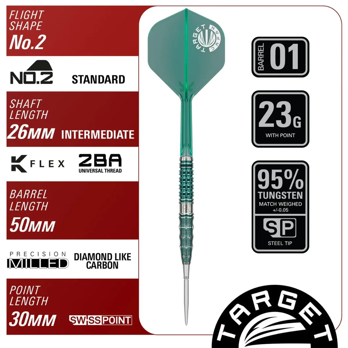 Full view of Mikuru Suzuki Gen 7 95% tungsten steel tip dart showing flight shape, grip texture barrel, and infographic with specs