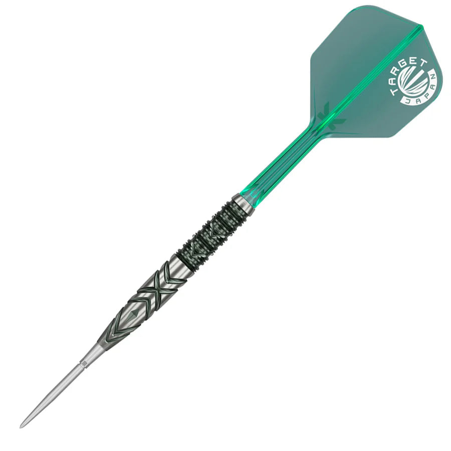 Full view of Mikauru Suzuki G6 tungsten dart with detailed grip barrel and green flight on white background