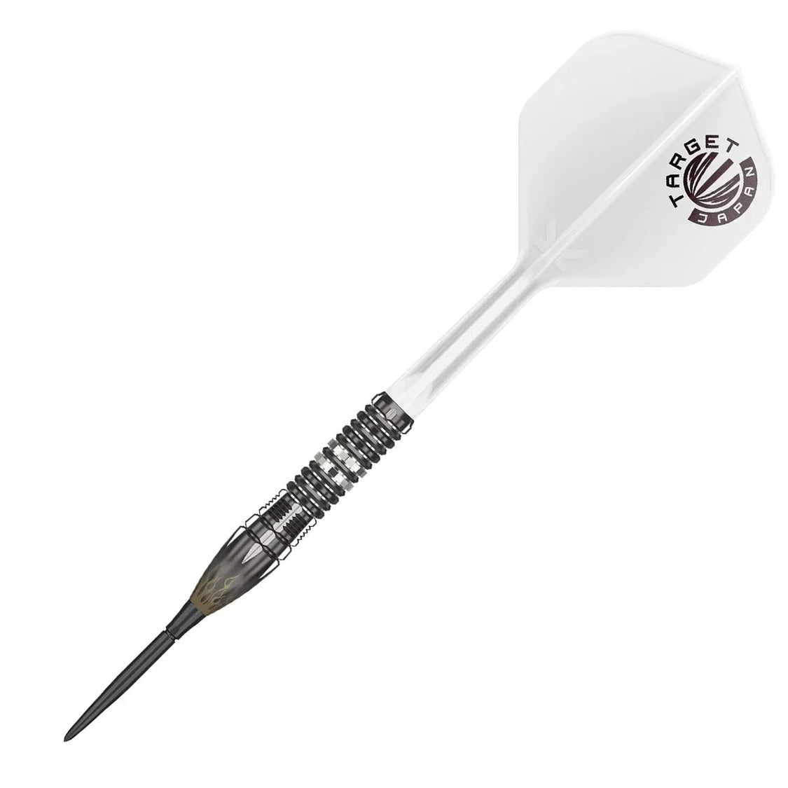 Single tungsten dart full view on white, highlighting precision barrel rings, grip texture, and clear flight design