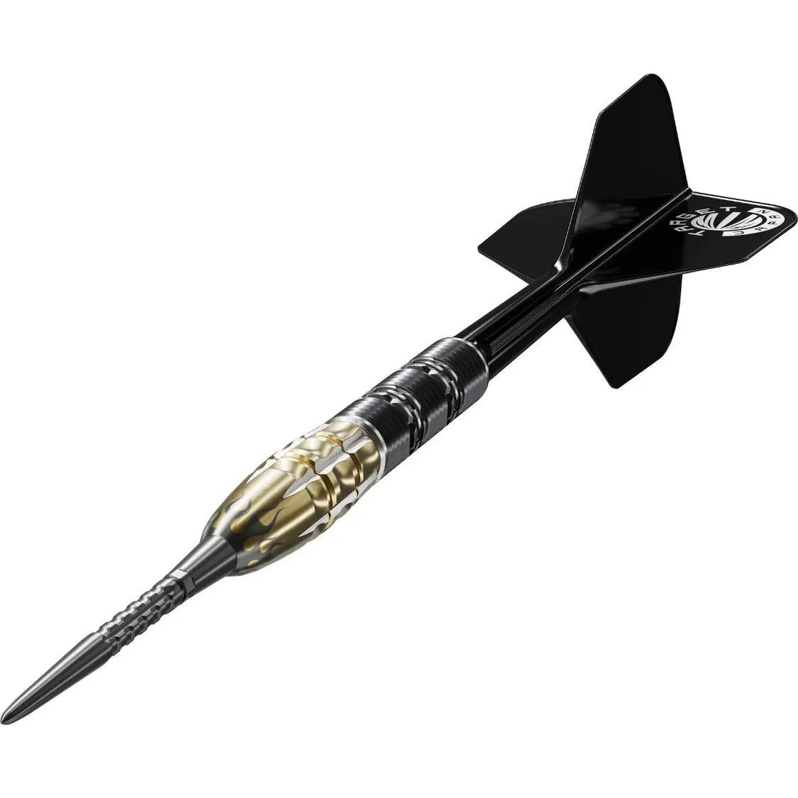 Angled view tungsten dart with gold-black textured barrel, detailed grip, black shaft, and flight, isolated on white background