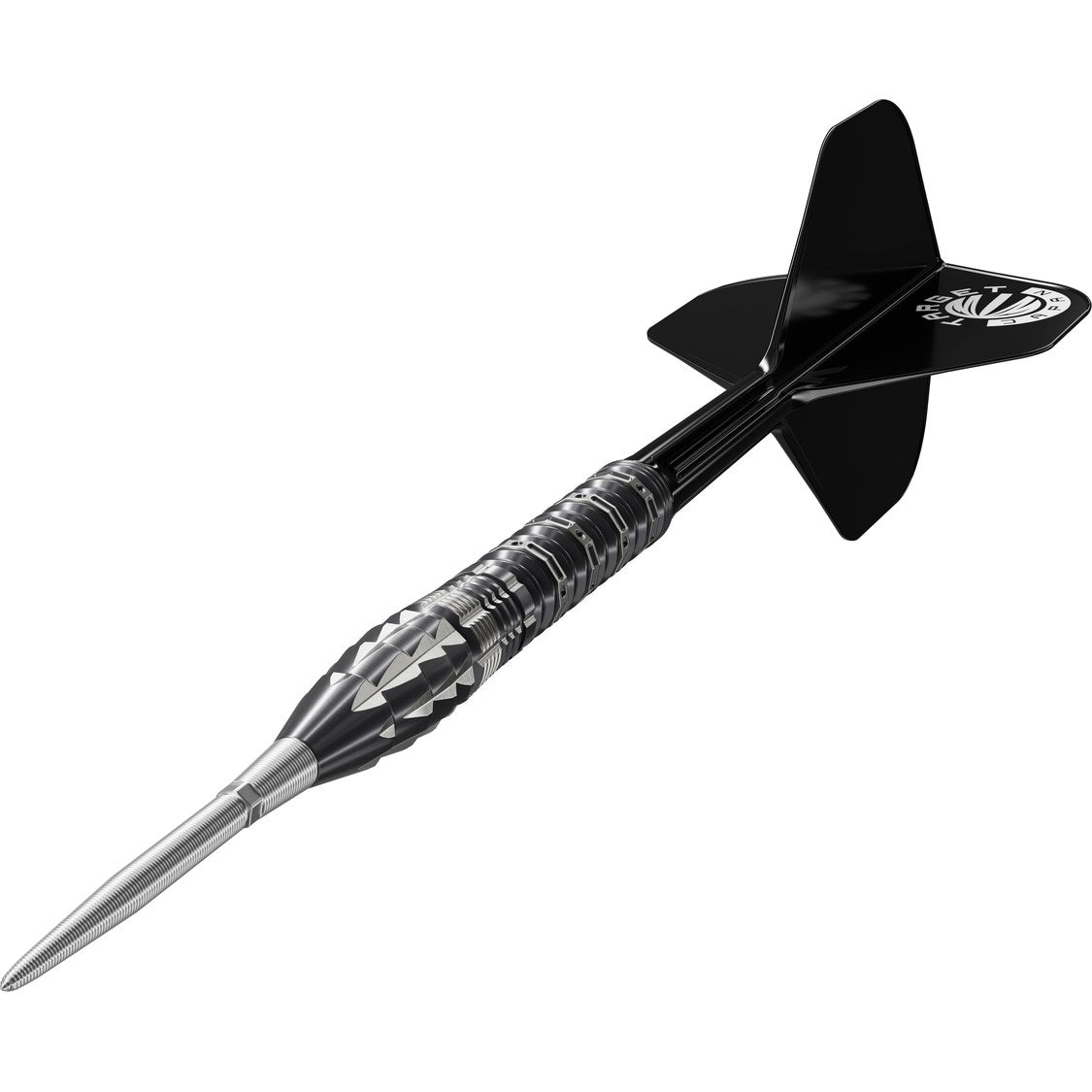 Target Japan Pyro G12 90% tungsten dart – angled view with exhaust flame milled torpedo barrel and black K-Flex flight
