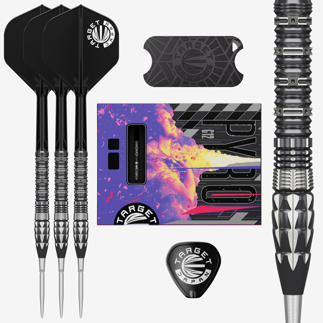 Target Japan Pyro G12 darts set – three assembled darts with retail packaging, point guard and barrel close-up