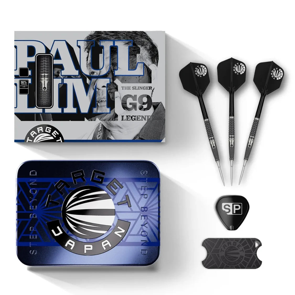 Top-down shot of tungsten darts set with knurled barrel grips, three assembled darts, flight and accessories, tin case, and retail packaging