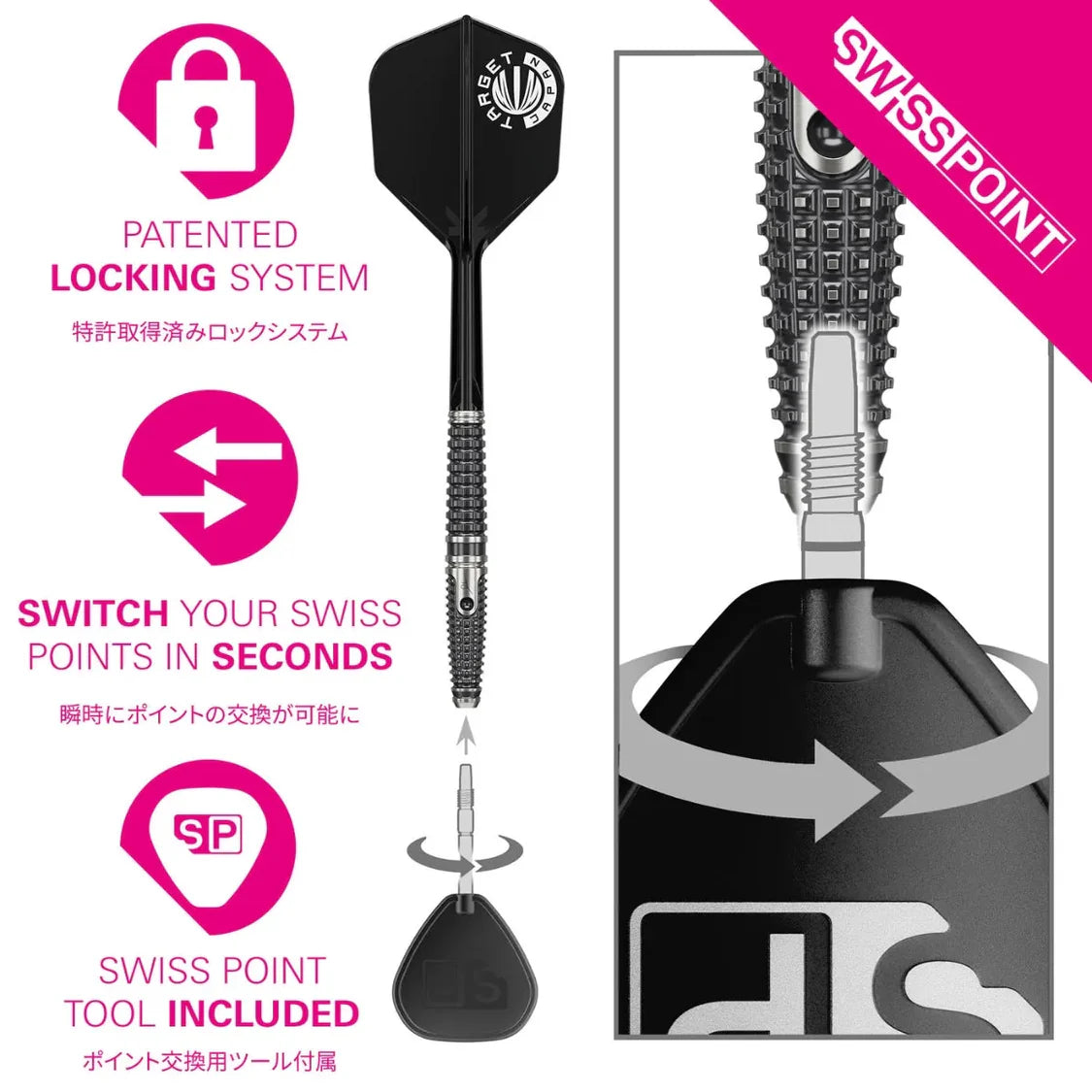 Swiss Point 90% tungsten dart full view with detailed barrel texture macro, showing patented locking system and tool for point swapping.