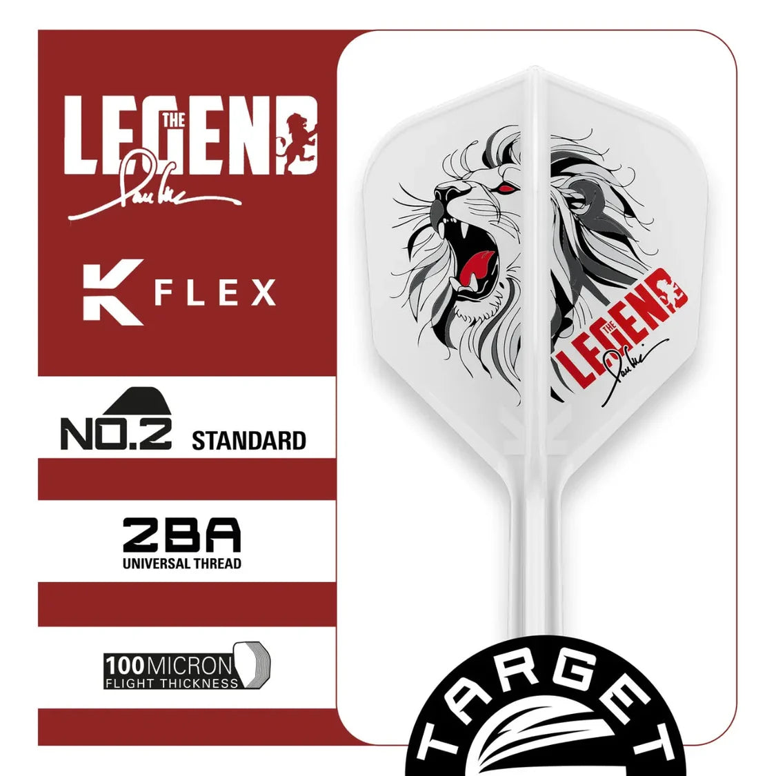 Close-up of Paul Lim K-Flex No.2 dart flight with roaring lion emblem, 100 micron thickness, No.2 standard size, ZBA universal thread