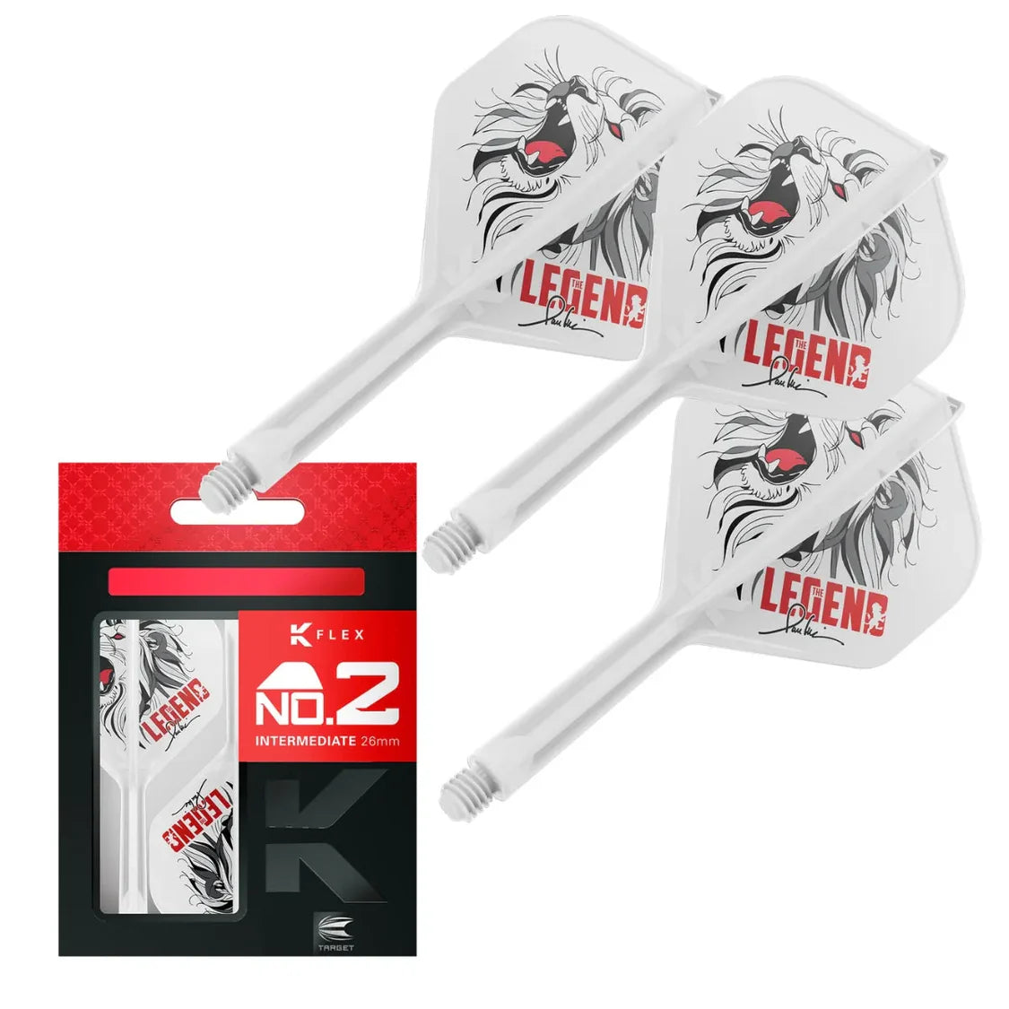 Paul Lim K-Flex No.2 dart flights angled view, roaring lion design, three flights displayed with retail packaging, white background