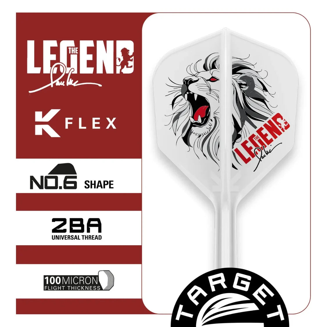 Close-up of No.6 shape dart flight with roaring lion graphic, K-Flex shaft, universal thread, 100 micron thick, isolated on white