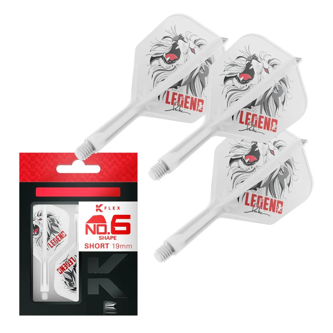 Three Paul Lim K-Flex No.6 dart flights with roaring lion design and short 19mm stems, shown with retail packaging on white background