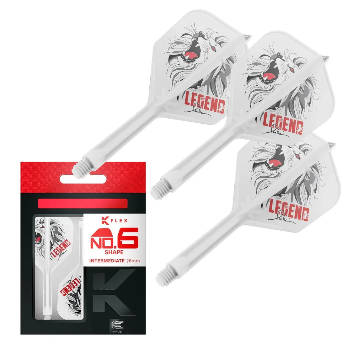 Three Paul Lim K-Flex No.6 dart flights with lion graphic and stems, plus retail packaging, full view on white background