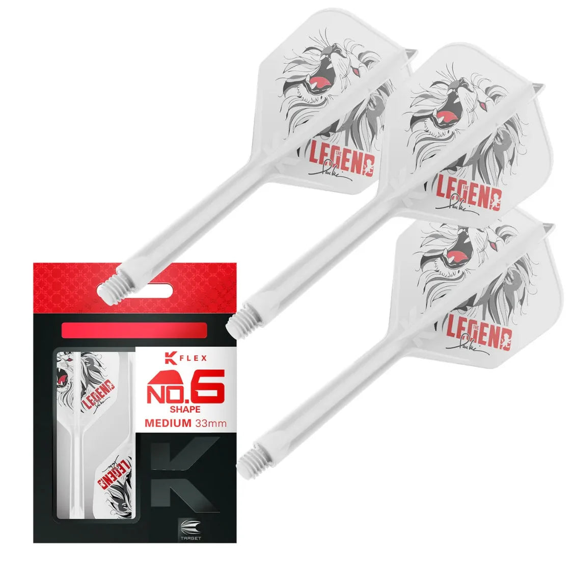No.6 medium 33mm white dart flights with roaring lion design shown alongside retail packaging, set of three shafts for dart players