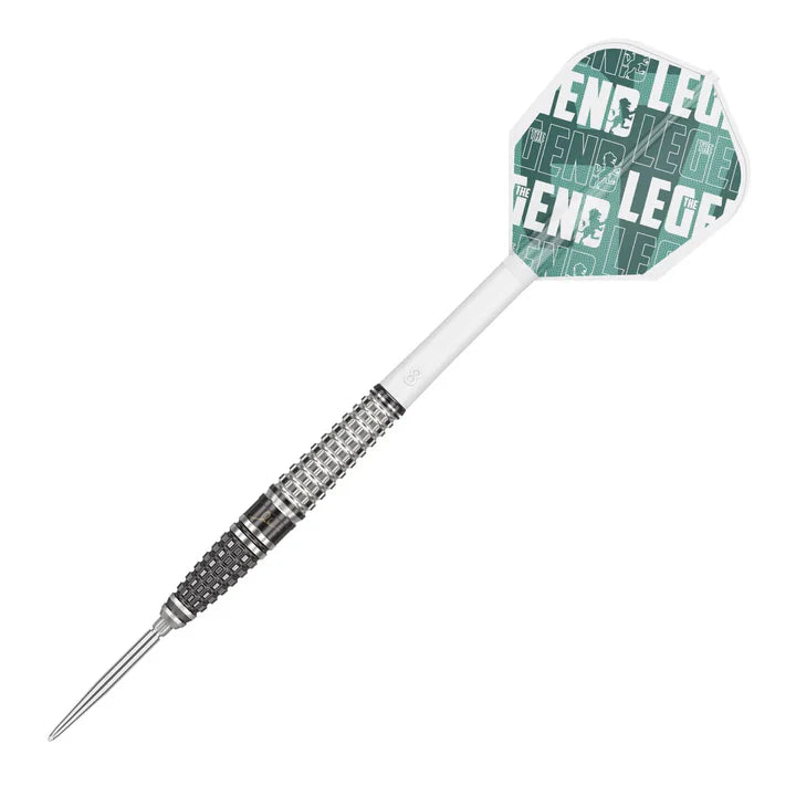 Single tungsten dart with precision barrel grip, Swiss Point tip, and Legend G7 flight isolated on white background