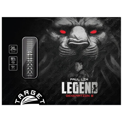 Boxed Paul Lim Legend G8 90% tungsten darts displayed in retail packaging with 24g weight, window showing dart grip design
