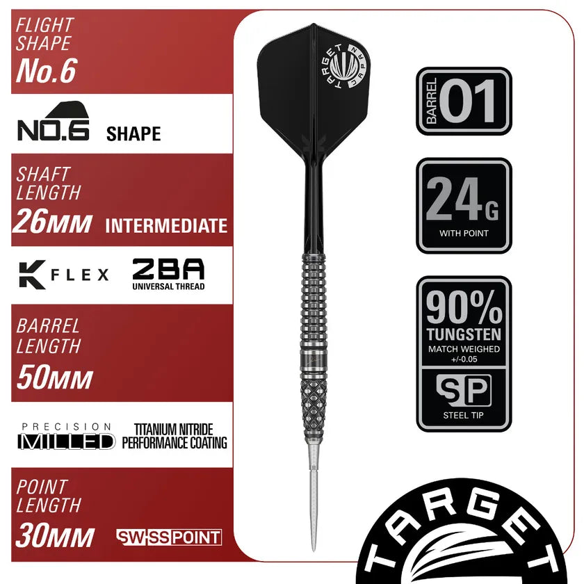 Full steel tip dart with black No.6 flight, precision milled tungsten barrel, detailed specs and grip pattern, isolated on white