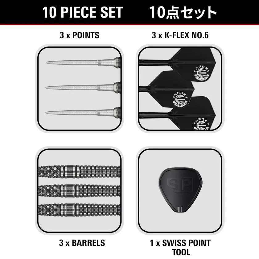 Top-down view of dart set contents with three steel tips, three knurled tungsten barrels, three K-Flex No.6 flights, and Swiss Point tool