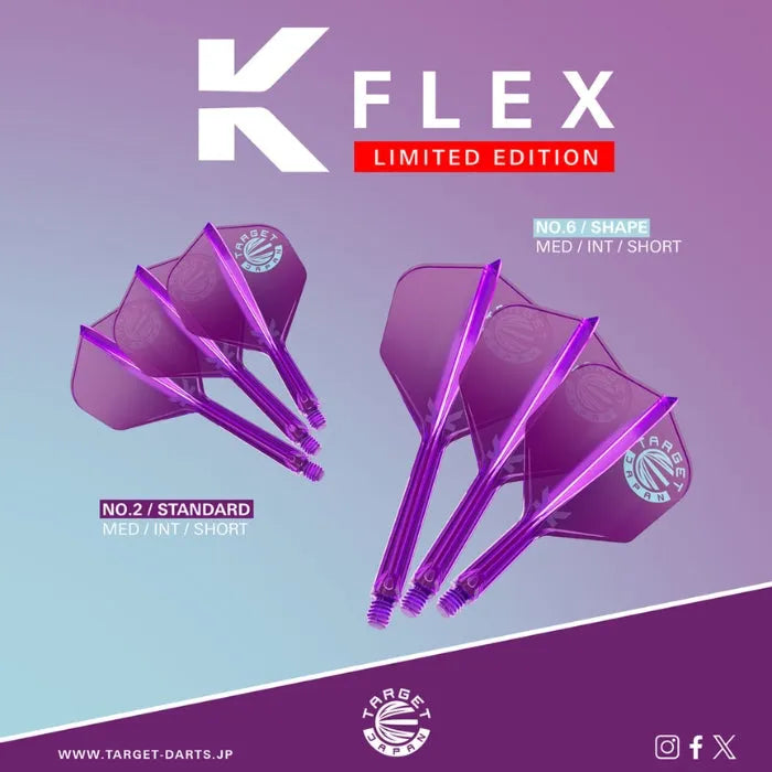 Angled view showing purple K-Flex No.2 and No.6 integrated dart flights and shafts in grouped display on gradient background