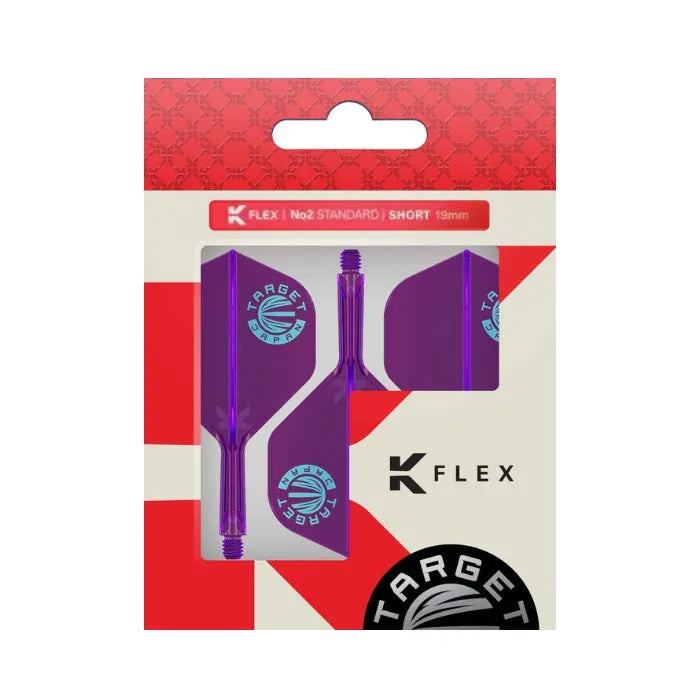 Purple K-Flex No.2 dart shafts and flights set in retail packaging, standard shape, showing detailed flight design for darts