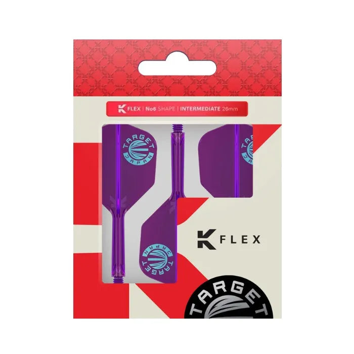 Purple No.6 K-Flex dart flights and shafts set in retail packaging, straight-on view highlighting flight shape and shaft combo for darts