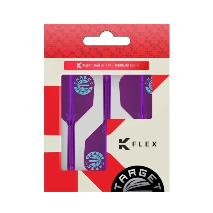 Purple K-Flex No.6 dart flights and shafts in retail packaging, clear display of combo set, ideal for dart equipment buyers