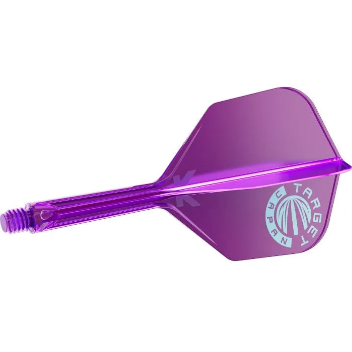Purple No.6 K-Flex dart flight and shaft combo side view, isolated on white, highlighting integrated design and logo for dart setup