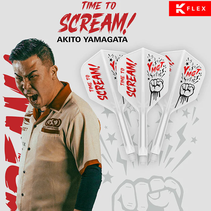 Angled display of four No.6 dart flights with bold 'Time to Scream!' graphics and clenched fist design, shown with a darts player for inspiration