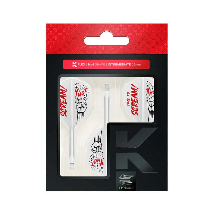 Dart shaft and flight combo set in retail packaging, No.6 shape, bold fist graphic, white flights with red lettering, for dart players
