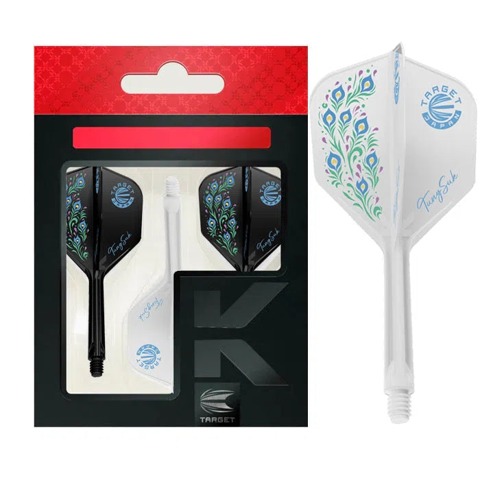 Dart flight and stem set in retail packaging with close-up on No.6 flights featuring colorful peacock feather pattern for darts