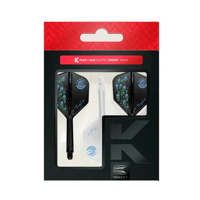 No.6 K-Flex dart flights and shafts in retail packaging, showing black and white color options, peacock pattern design, short 19mm shafts