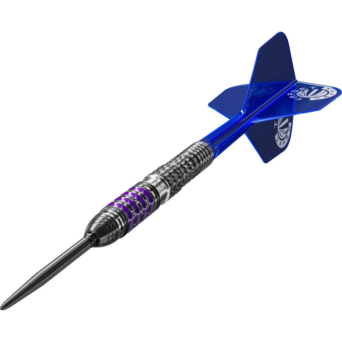 Steel tip tungsten dart with detailed grip, purple rings, and blue flight, angled view isolated on white background