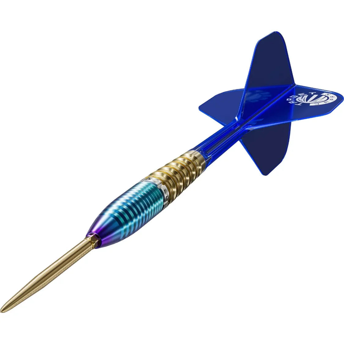 Angled view of Zenith G2 tungsten dart with aqua-gold grooved barrel and blue flight isolated on white background
