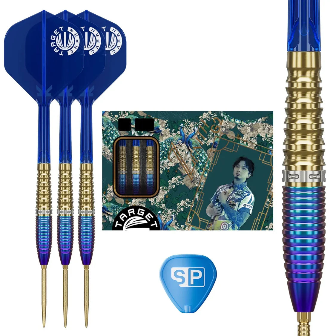 Three 90% tungsten darts with blue and gold grooved barrels, included flights and packaging, close-up barrel grip, SP point included.