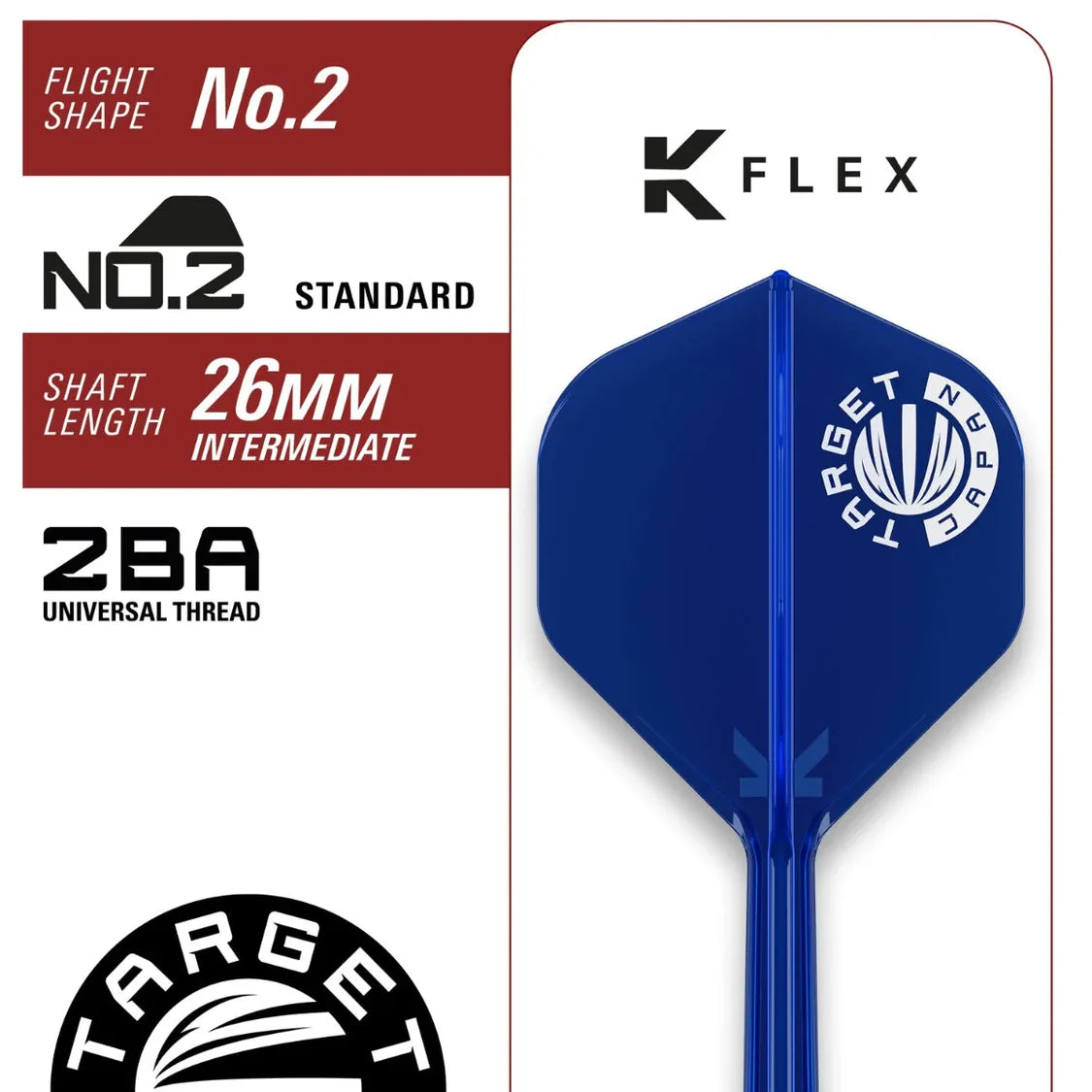 No.2 standard blue dart flight with K Flex shaft, 26mm intermediate length, ZBA thread, isolated on white background