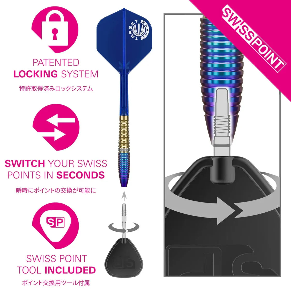 Close-up and full view of Zenith G2 tungsten dart highlighting Swiss Point quick-change tip system with included tool