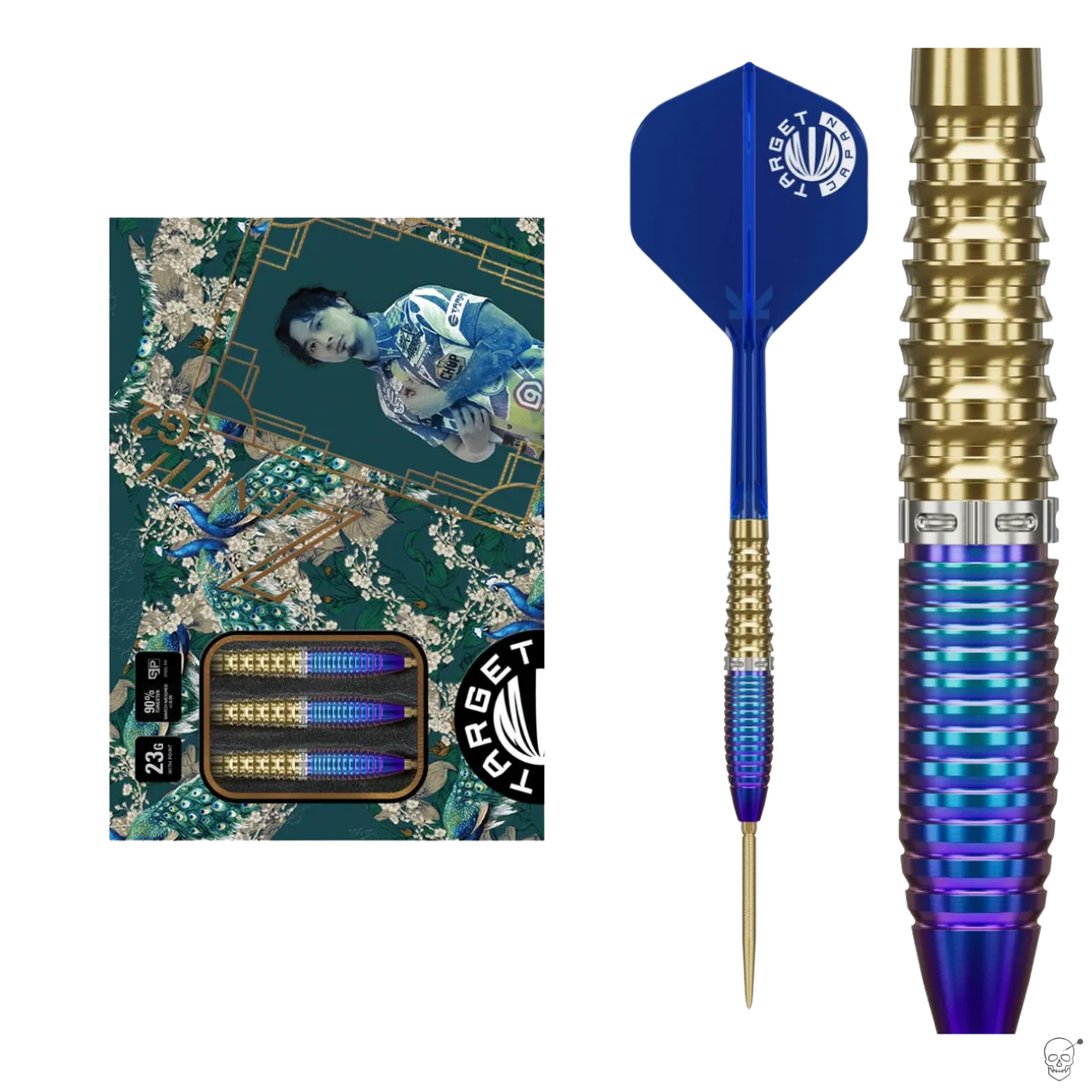 Zenith G2 90% tungsten darts packaging with three darts, plus isolated dart showing blue-gold barrel grip texture and flight design