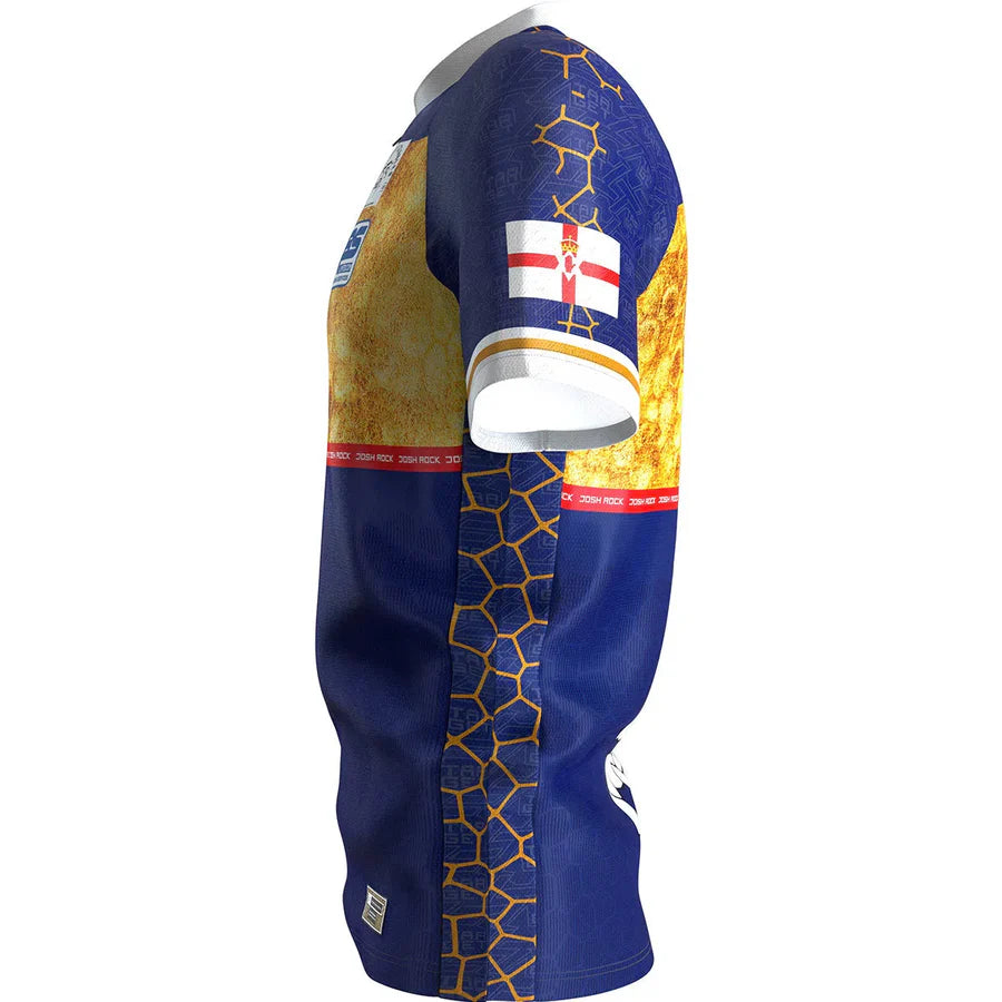 Side view Josh Rock darts shirt with honeycomb design, flag patch on sleeve, isolated on white background for dart apparel buyers