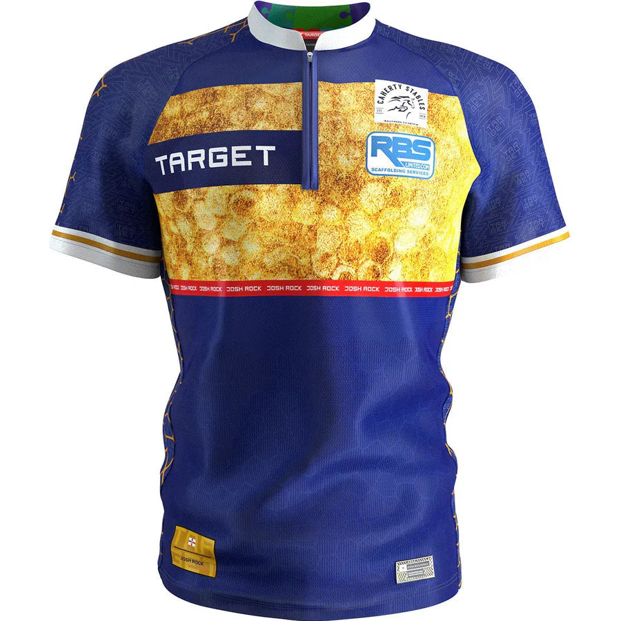 Front view of Josh Rock darts shirt in blue and yellow with sponsor logos, short sleeves, and zip collar, isolated on white background
