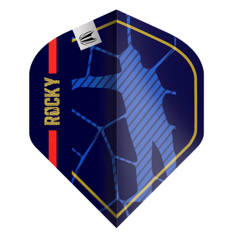 Close-up of No.6 dart flight with bold 'ROCKY' text, blue cracked design, gold edging, isolated on white, ideal for dart players seeking unique flights