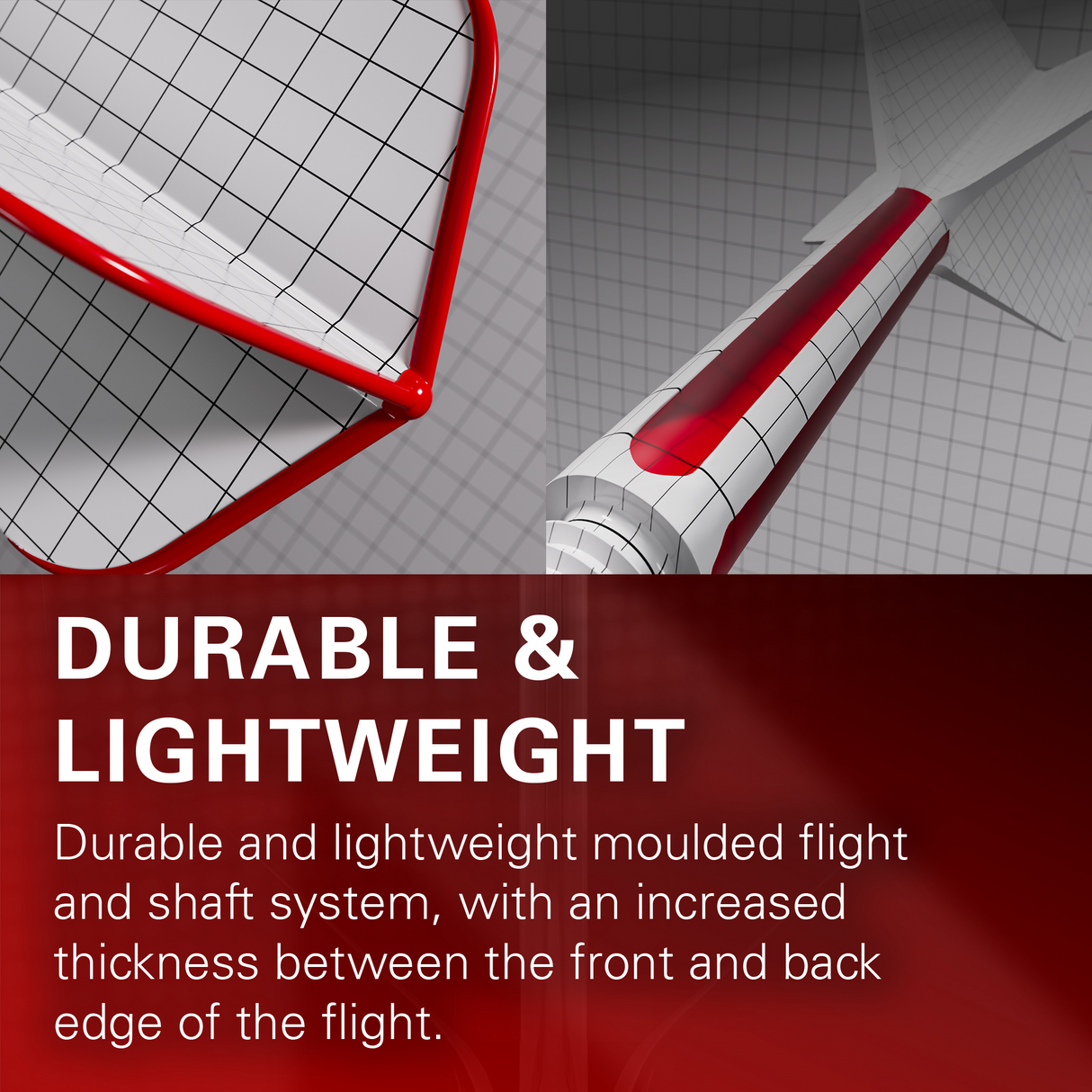 Close-up dart flight and shaft system showing moulded connection, increased flight thickness, and lightweight grid design for darts