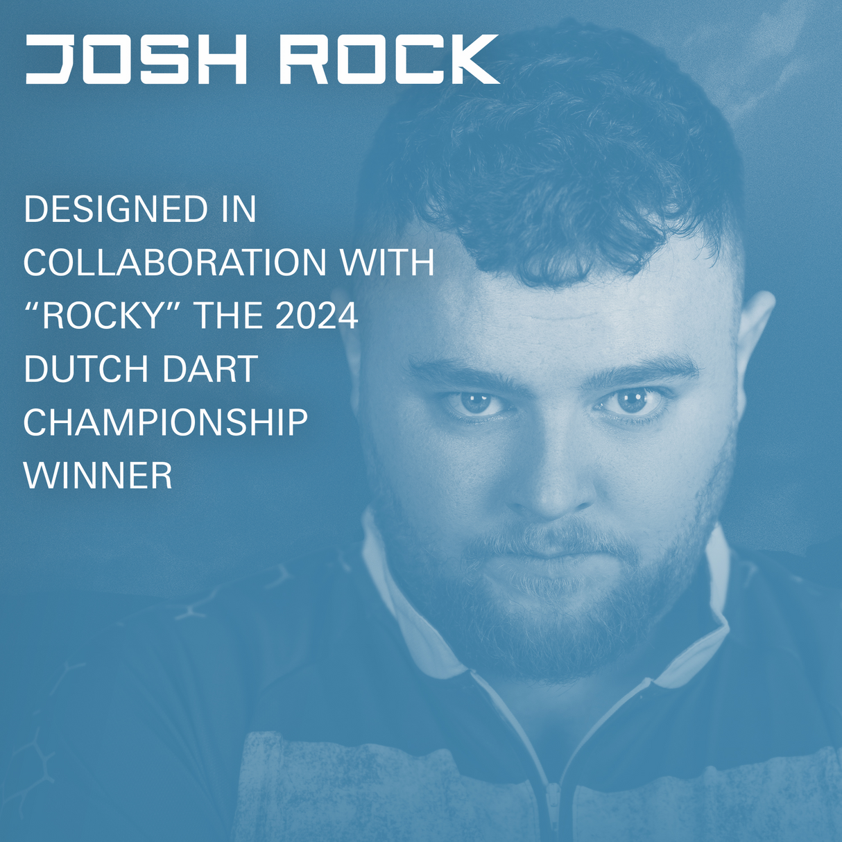Close-up portrait of dart champion with bold text detailing collaboration and Dutch Darts Championship win, lifestyle shot for Josh Rock K-Flex No.2