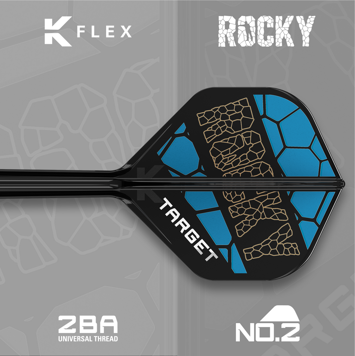 Close-up of Josh Rock K-Flex No.2 dart flight with blue gold geometric pattern and ROCKY text, attached to shaft, ideal for precision dart setup