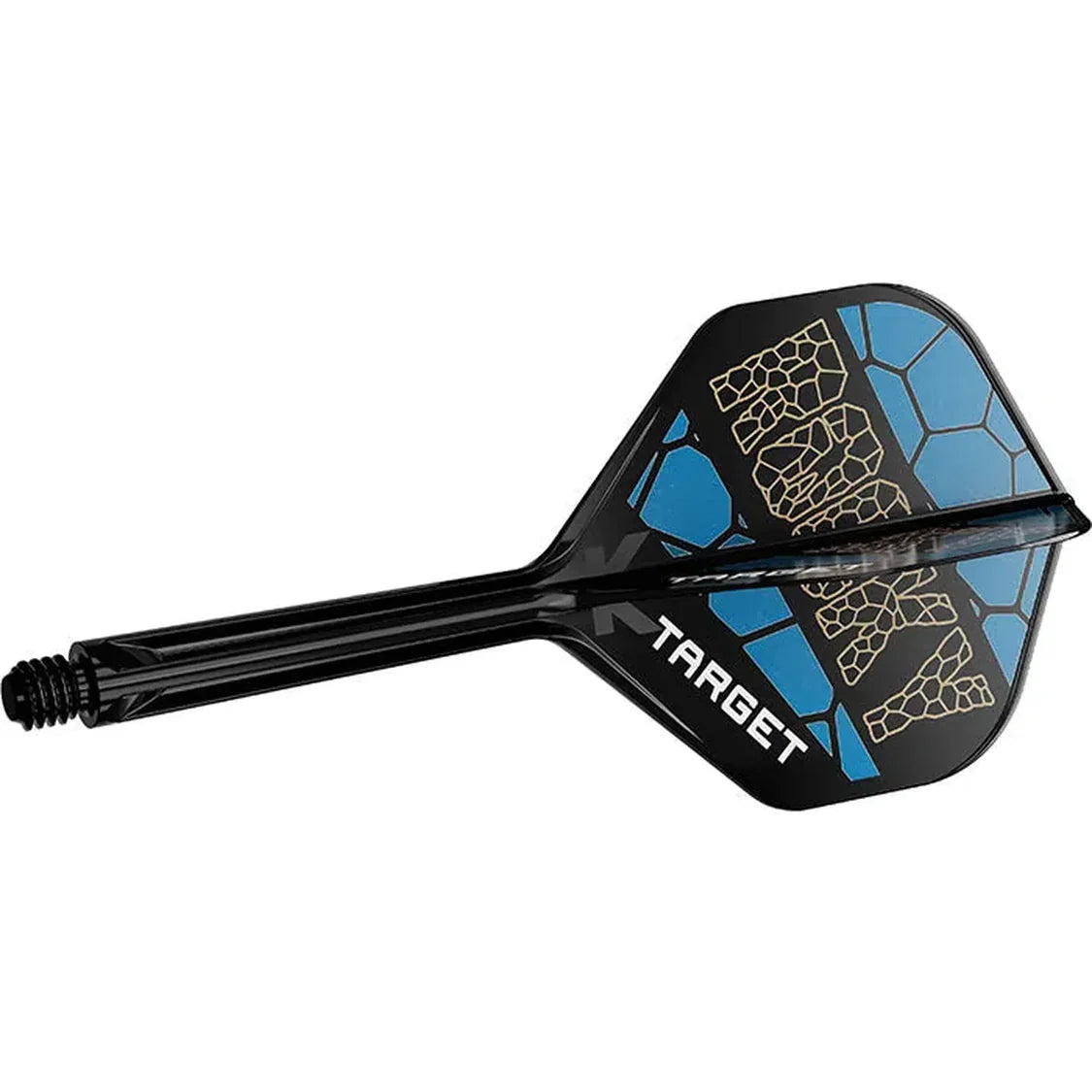 Full dart stem and No.2 flight with blue and gold geometric design, isolated on white, ideal for dart shaft and flight buyers