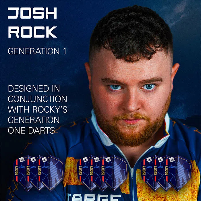 Josh Rock Pro Ultra Ten-X dart flights shown in packaging, lifestyle shot with player portrait, 3 sets of 3 flights for dart equipment