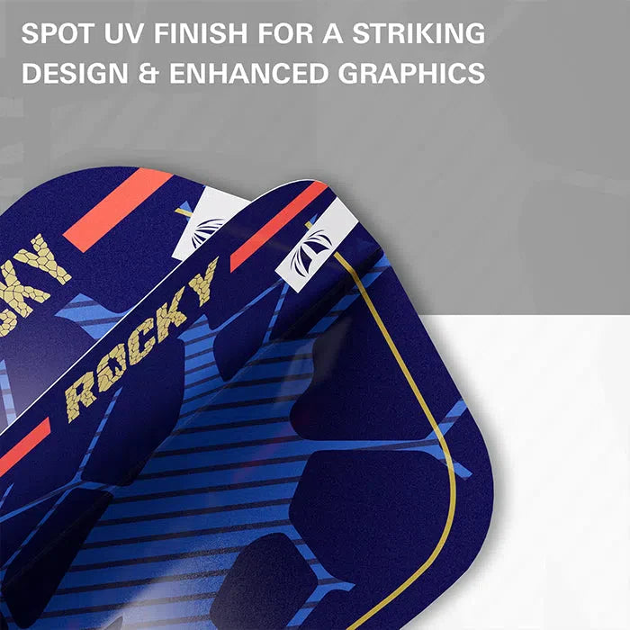 Close-up of dart flights showing spot UV finish, blue and gold graphics, and detailed text for dart setup.