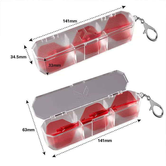 Clear hard dart case with red compartments shown open and closed, annotated with measurements for organized flight and shaft storage