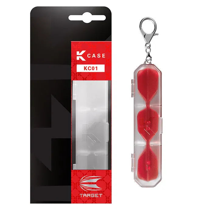 Dart K-Case with red K Flex flights shown in packaging and out, hard case with clip for flight and shaft system protection