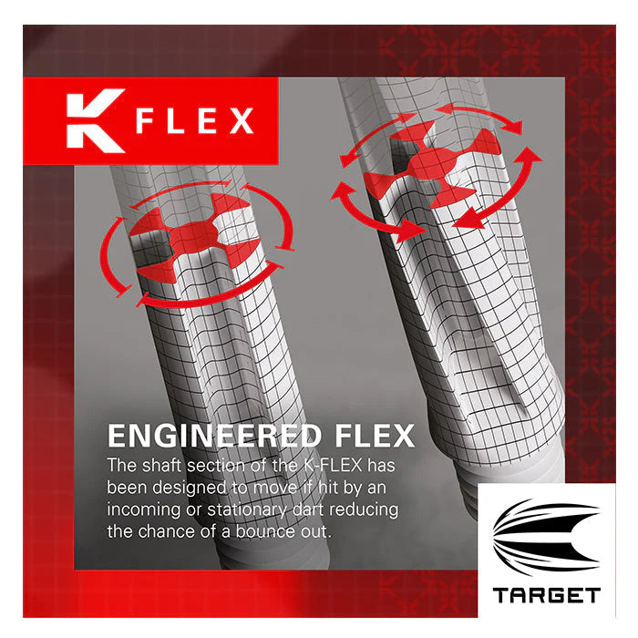 Angled close-up of two dart shafts with grid overlay and arrows, showcasing flex technology for reduced bounce outs in dart shaft design