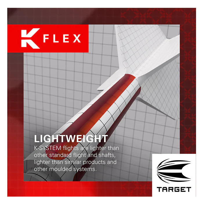 Angled close-up of integrated dart flight and shaft with lightweight design, red and white grid finish, perfect for precision dart players